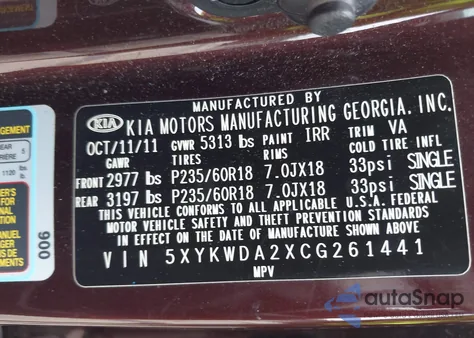 2012 Kia Sorento Sx V6 z USA, uszkodzony, nr VIN 5XYKWDA2XCG261441